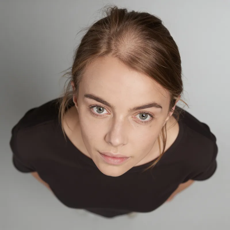 A face photographed from above eye level, so the forehead looks enlarged and the chin and jaw look shortened.
