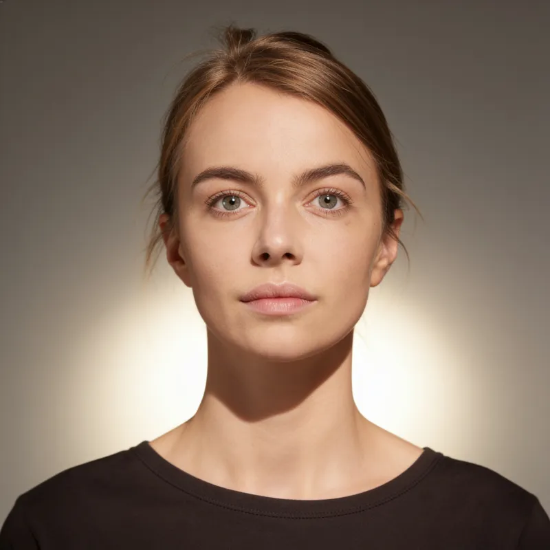 A face photographed straight on at eye level under flat frontal light, with both sides of the face lit equally and both ears equally visible.
